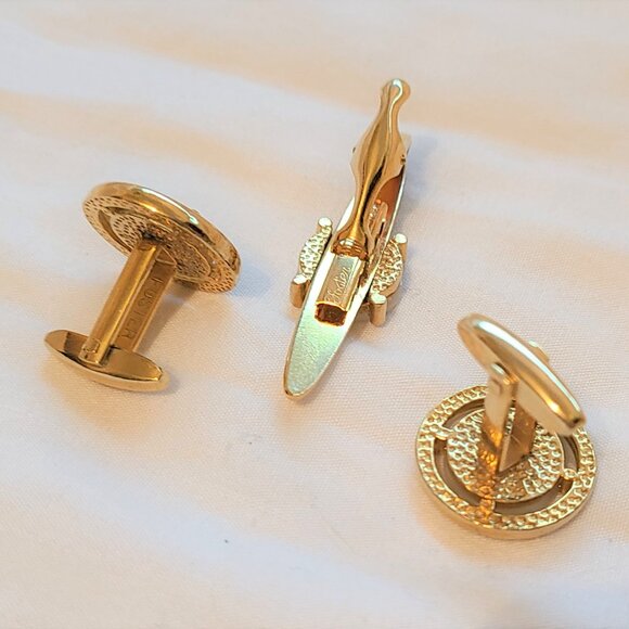 Foster Gold Tone Mother Pearl White Tie Tack Clasp Cufflinks Men Accessories Set - Picture 6 of 9